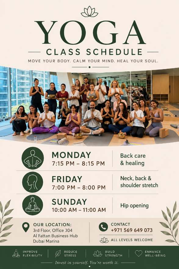 Yoga Class – Back Care & Healing (Monday) — Al Fattan Business Hub, 3rd Floor, Office 304 · Dubai Marina · Dubai