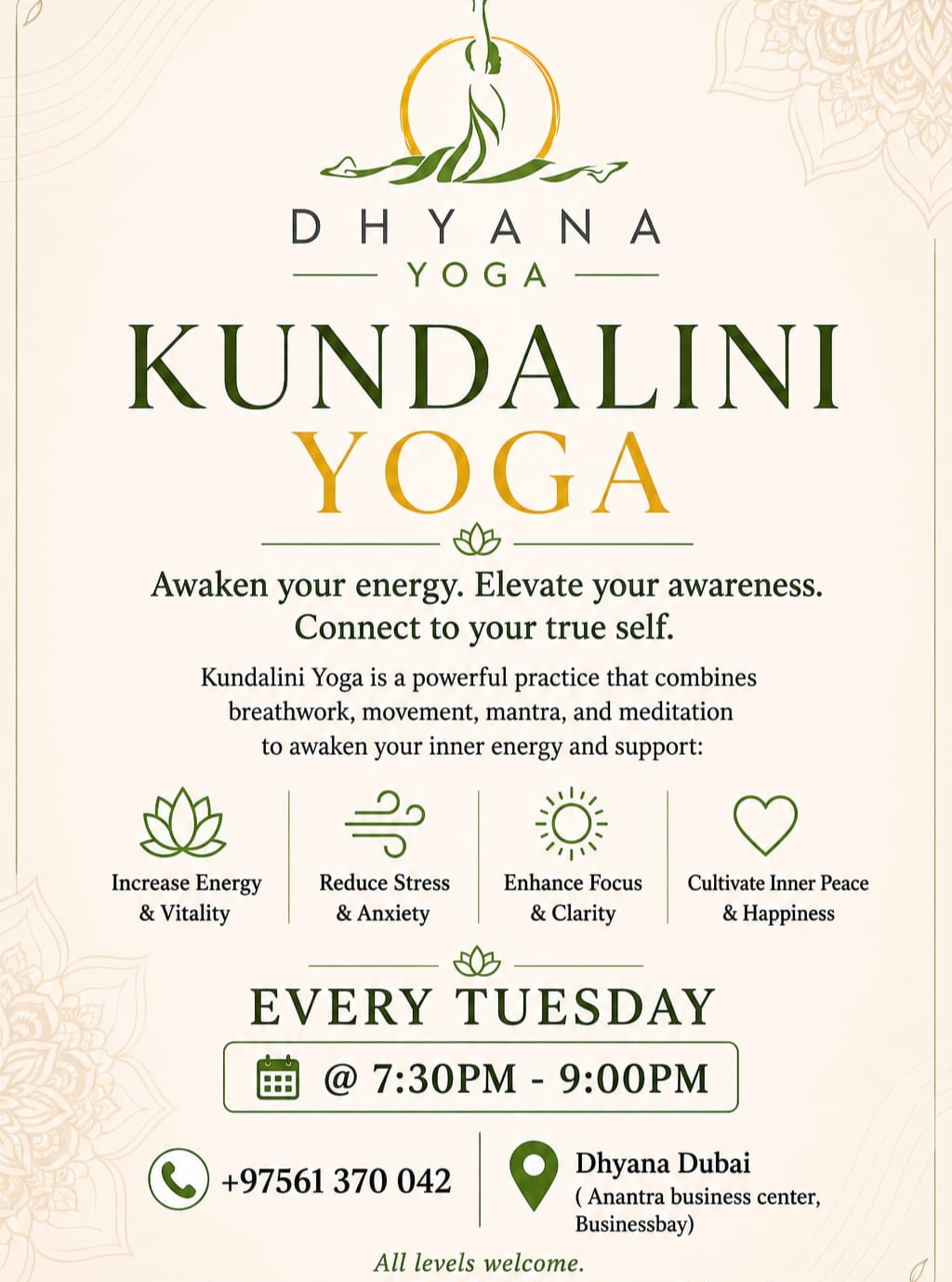 Kundalini Yoga – Weekly Tuesday Sessions — Dhyana Dubai, Anantra Business Center · Business Bay, Dubai · Dubai